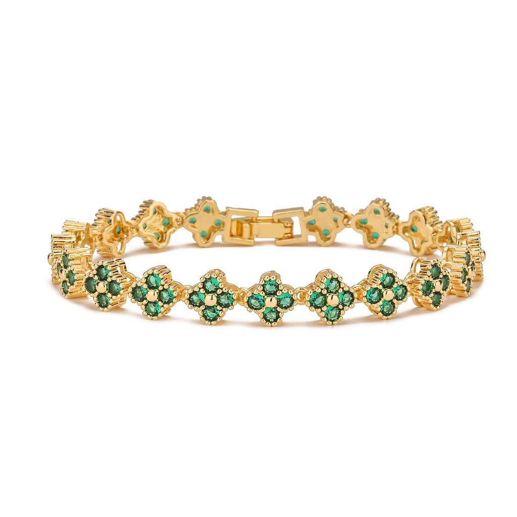 Fashion Design Luxury Jewelry 18K Gold Colorful Zircon Four Leaf Clover Bracelet Necklace Jewelry Luxury Four Leaf Clover Set