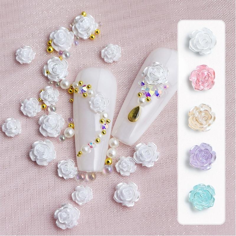 50Pcs Rose Flower Nail Art Decorations with Mini Pearls Resin Flower Nail Art Charms for DIY Acrylic Nails Bride Nail