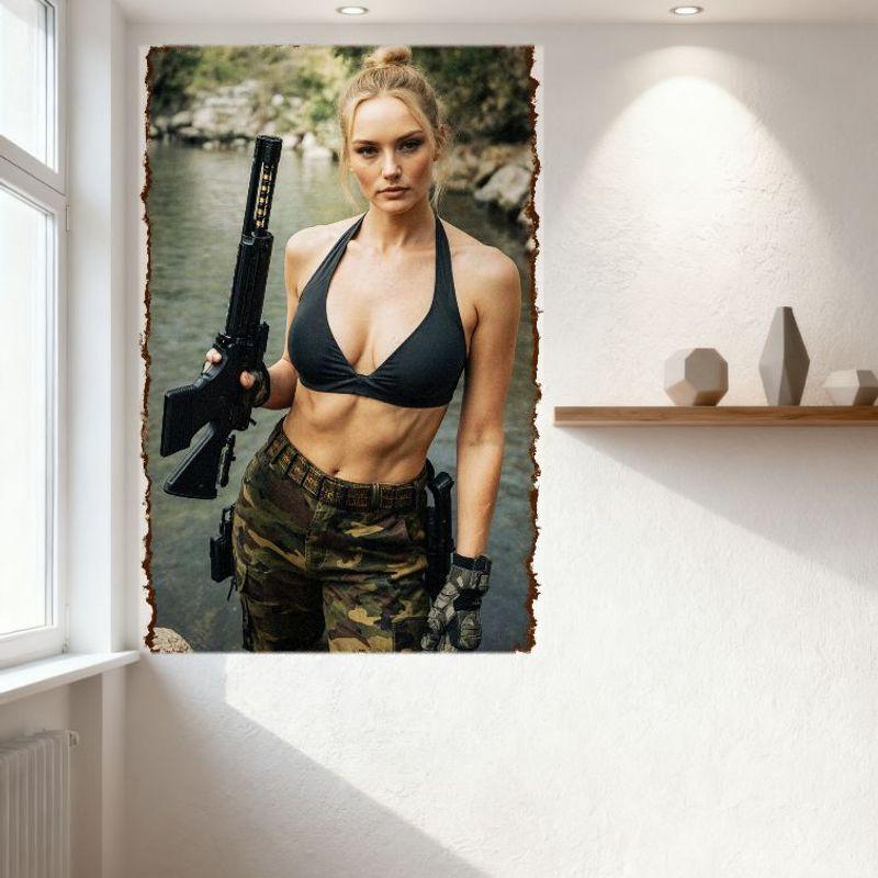 Sexy Blonde Frau mit Pistole Blechschild Vintage Metallposter für Heimbar Pub Dekoration, Rustikaler Retro Rand, 8x12 Zoll Metallwandkunst