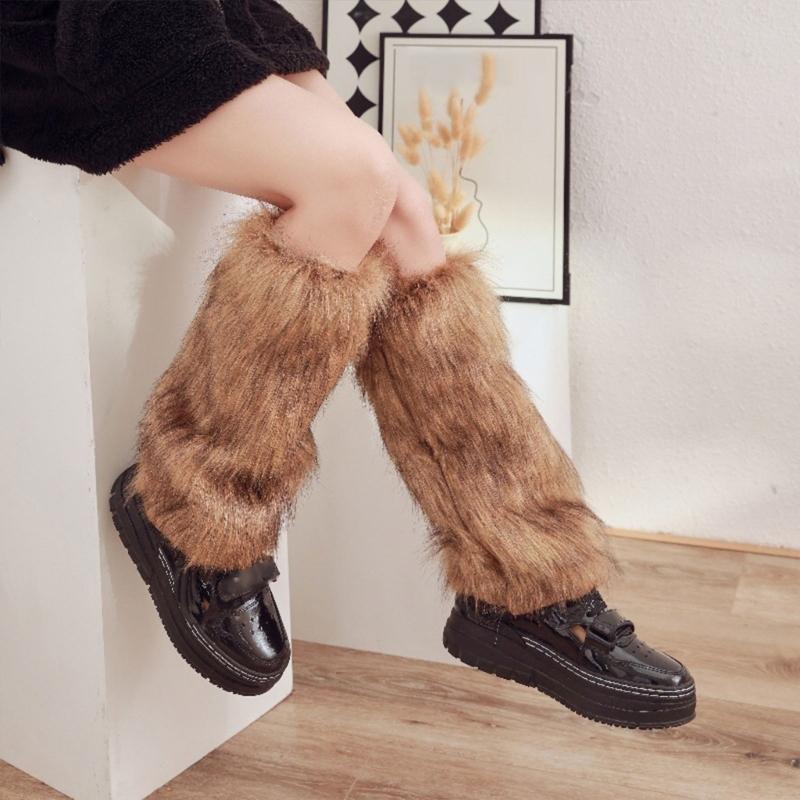 Damen-Pelz-Beinwärmer, Winter, pelzig, lange Stiefelmanschetten, flauschiger Schuhüberzug, Partykostüm für Urlaub, Festival, Auftritte, Spielen