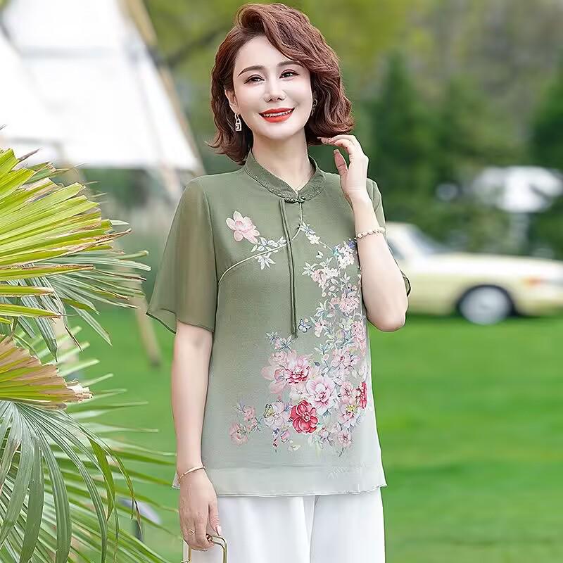 

Elegant Chiffon Wide-Legged Top for Moms - Stylish Two-Piece Look T-Shirt for Spring 3XL (125-135 jin)