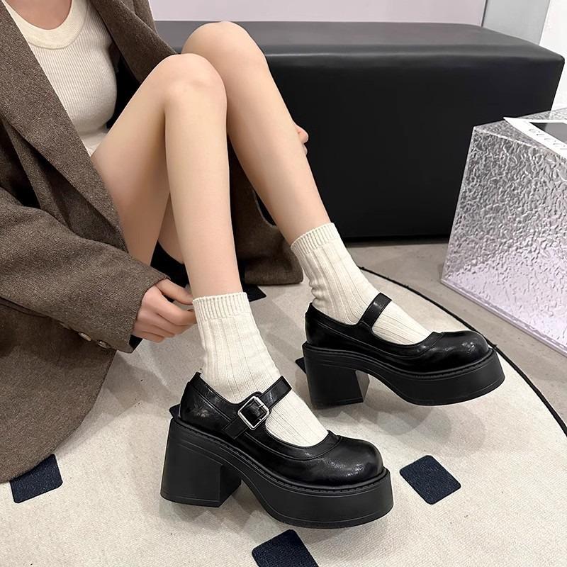 Platform Mary Jane shoes women's spring and autumn with skirts, high heels, thick heels, retro small leather shoes women