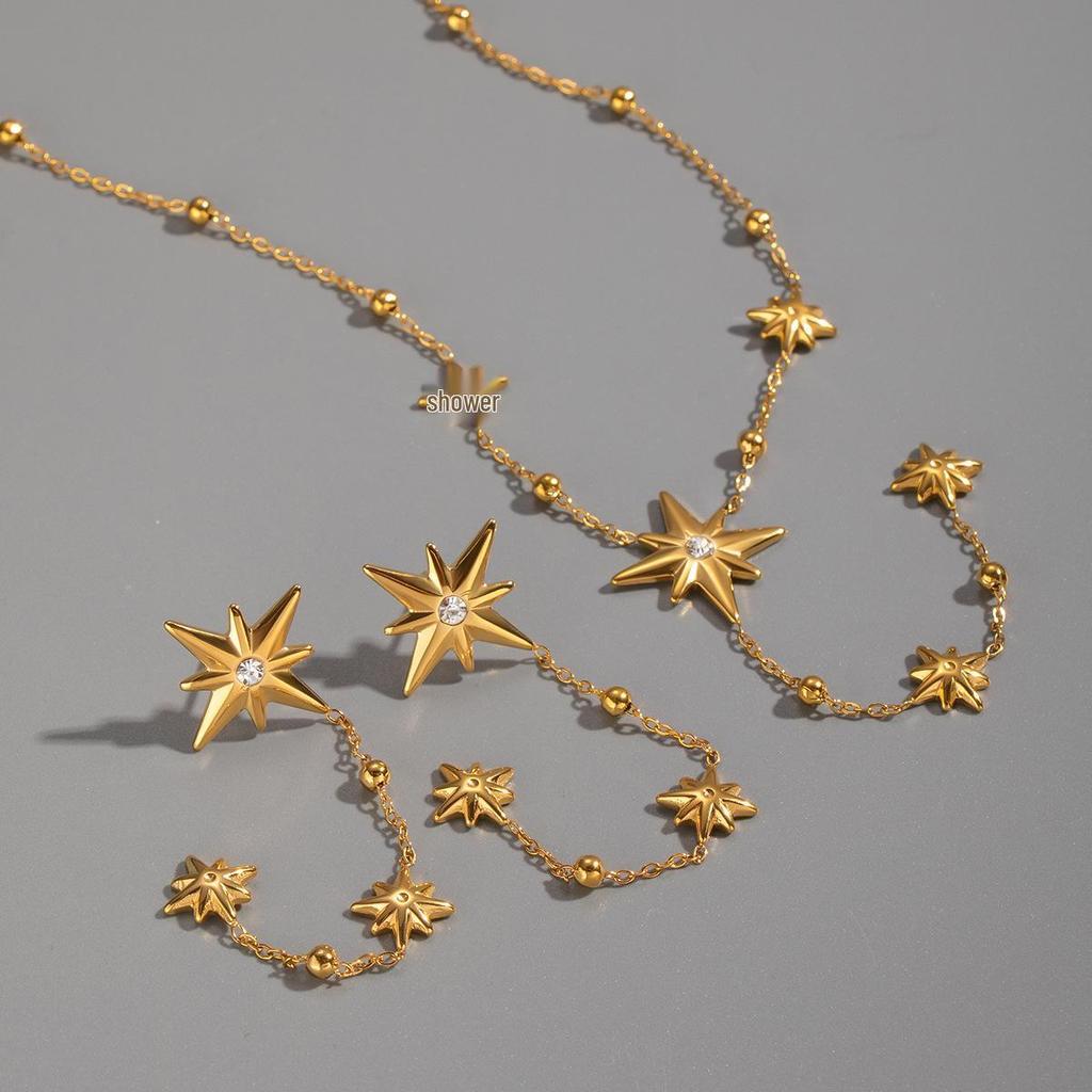 Collier Y-Chain à pampilles étoile à huit branches élégante Xia Ling, Acier inoxydable, Plaqué or 18 carats, Bijou polyvalent pour femmes
