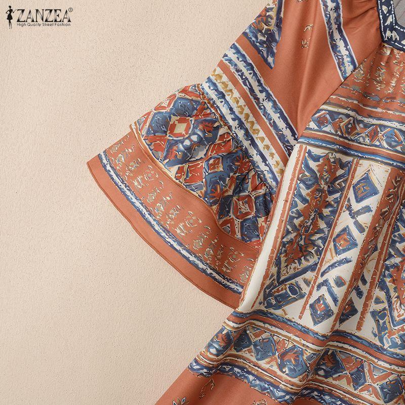 ZANZEA Women Summer Casual Square Collar Half Sleeve Loose Ethnic Print Blouse
