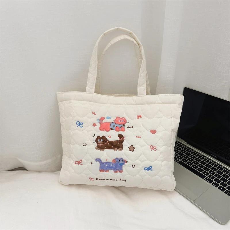 Cute Cat Embroidered Ladies Bento Handbags Carto Quilted Women's Shopping Mommy Bag Simple Female Book Tote Shoulder Bag
