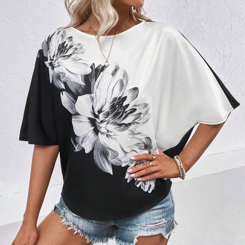 

Летняя Новая Женская Футболка с Принтом Цветов Черно-белого Цвета, Удобная и Универсальная, с коротким рукавом S чёрный/белый