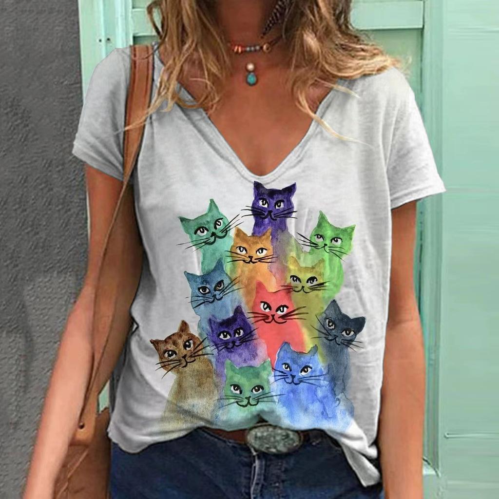 Summer Cat 3D Printed V-neck Short Sleeved  Women's T-shirts