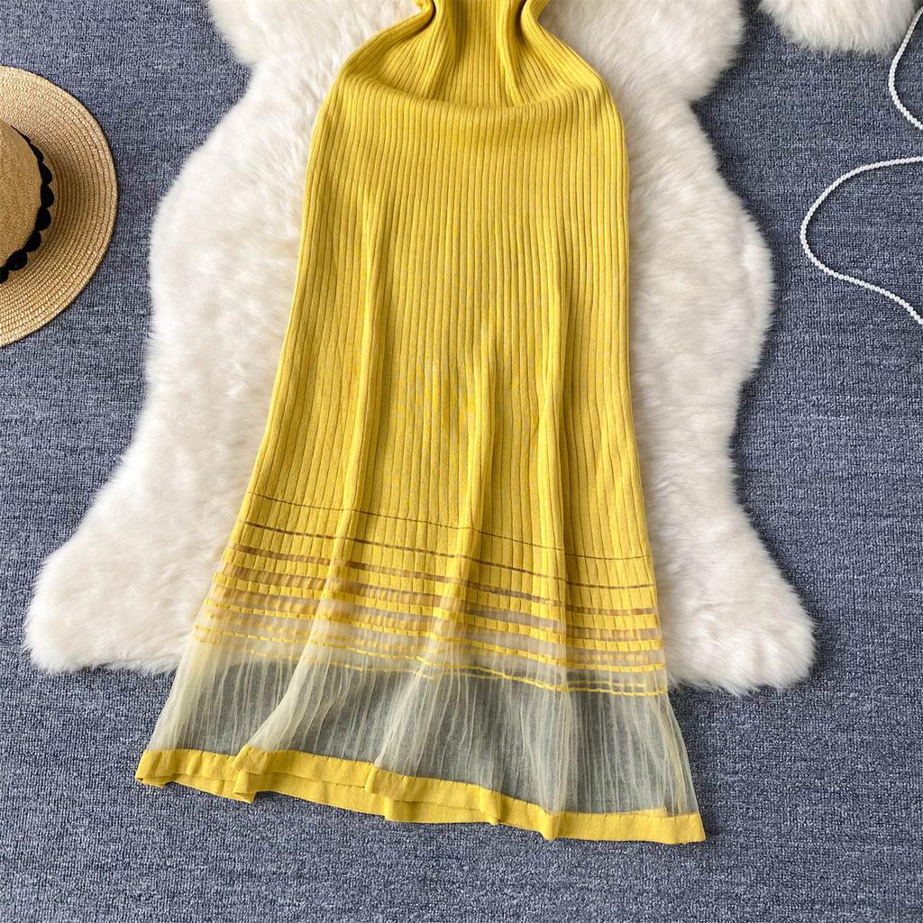 Suéter de punto de manga corta para mujer, vestido largo midi de malla con retazos, estilo dulce de verano