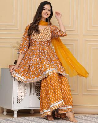 Women Party Wear Cotton Rayon Kurta Sharara Dupatta Set Indian Designer Top Tunic Kurti