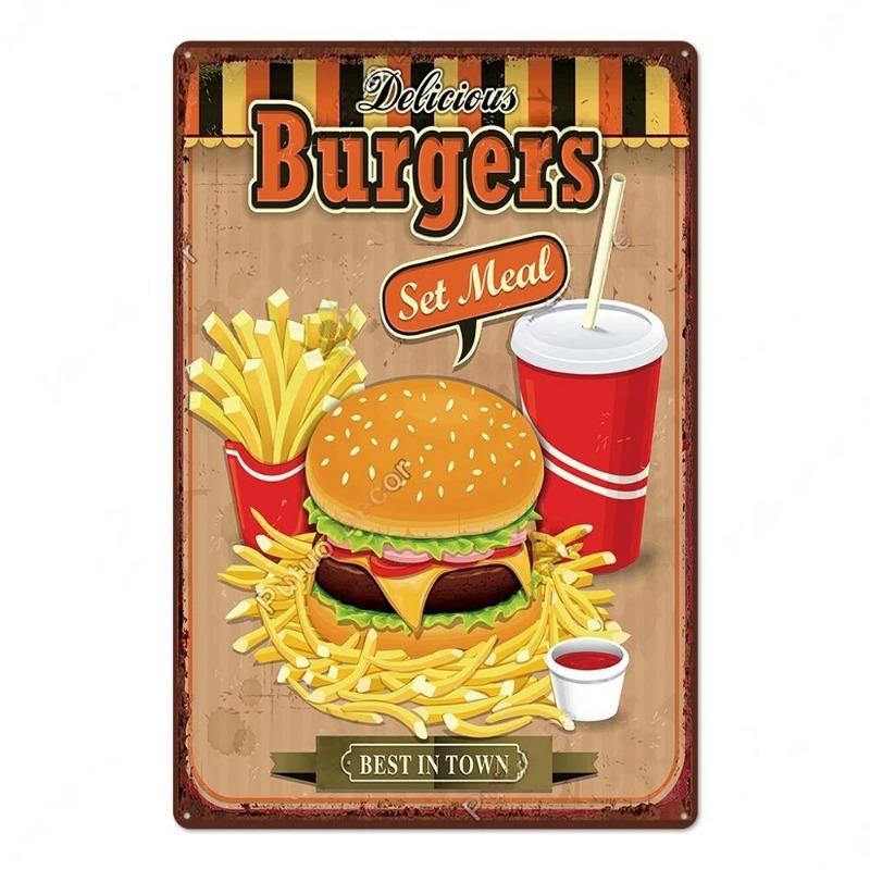 Metal Tin Poster Fast Food Vintage Tin Sign Plaque Metal Retro Plate Hot Dog Poster Wall Decor for Kitchen Cafe Diner Bar