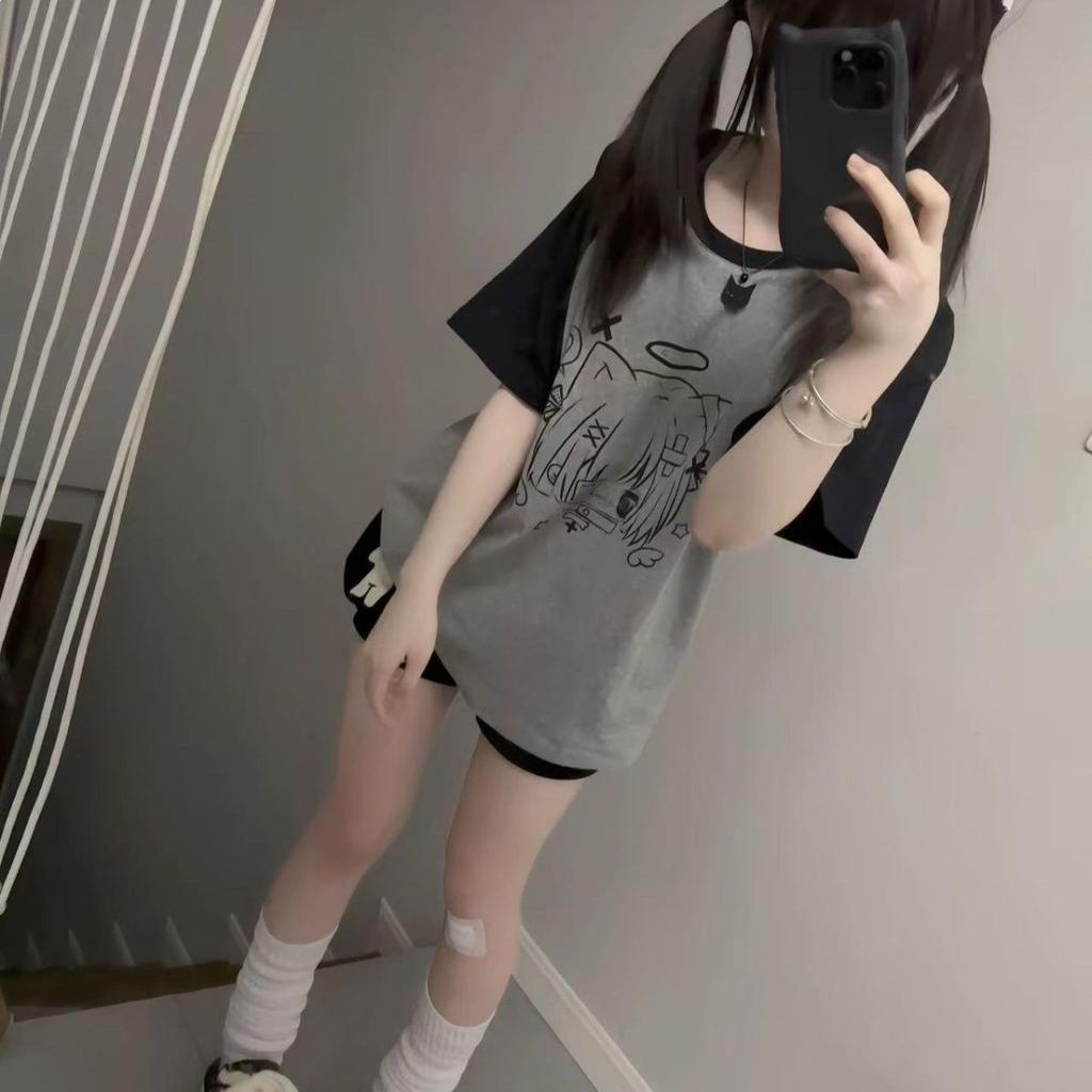 Girls Y2K Tops Cartoon Black Grey Loose T-shirts For Women Casual Tees Long Round Neck Simple Female T-shirts Workout Street Wear Women's T-shirts