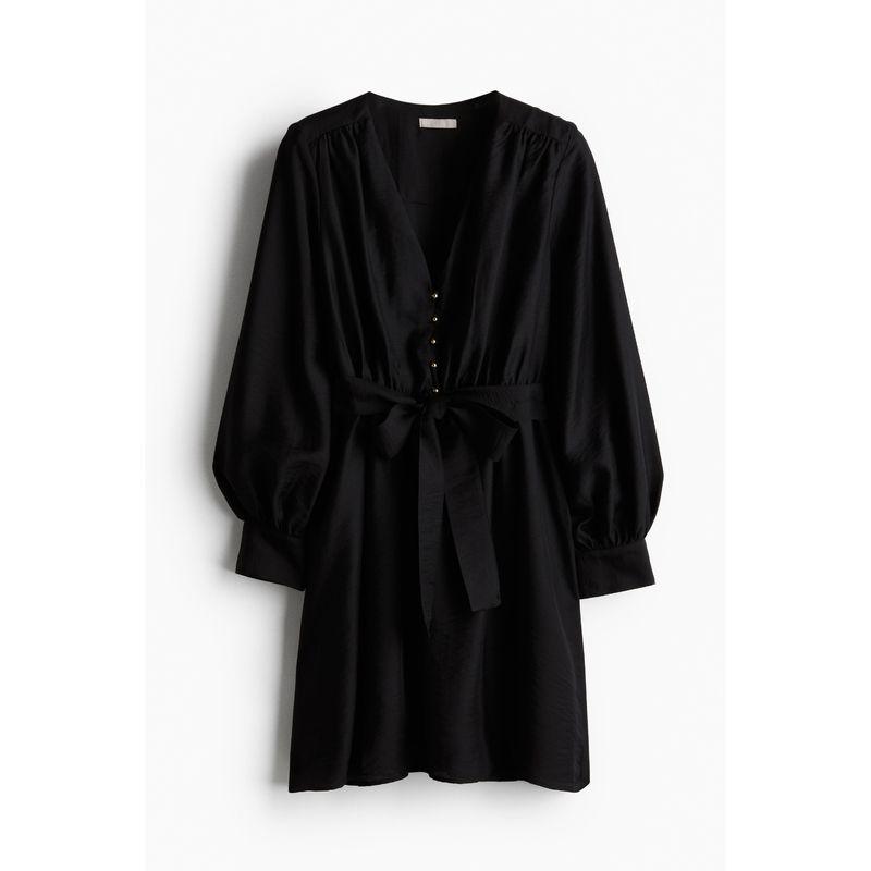 

HM Women s Clothing Dress Fall V-neck Lantern Sleeve Loose Comfort and Casual Temperament Skirt 1229402 Black 155/80