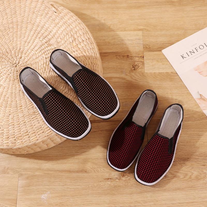 Old Beijing cloth shoes, rubber-soled women's elastic cloth shoes, red grid coffee grid traditional canvas shoes