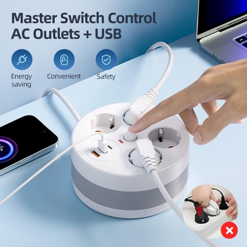 Power Extension Block Intelligent Design 4 Outlet 3 USB Charging Port 280Cm Adjustable Length Cable with Protections