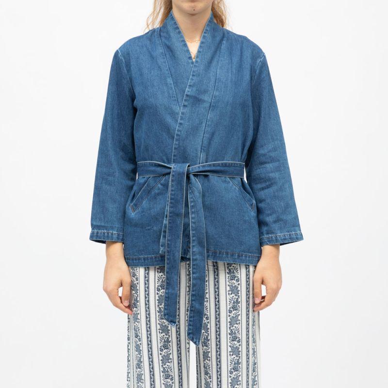 Kimono jean bleu vera avec poches et ceinture Femme LA PETITE ETOILE