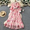 French romantic style V-neck lantern sleeve printed dress women's lapel slim-fitting waist and thin A-shaped long dress