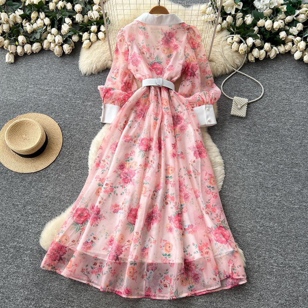 French romantic style V-neck lantern sleeve printed dress women's lapel slim-fitting waist and thin A-shaped long dress