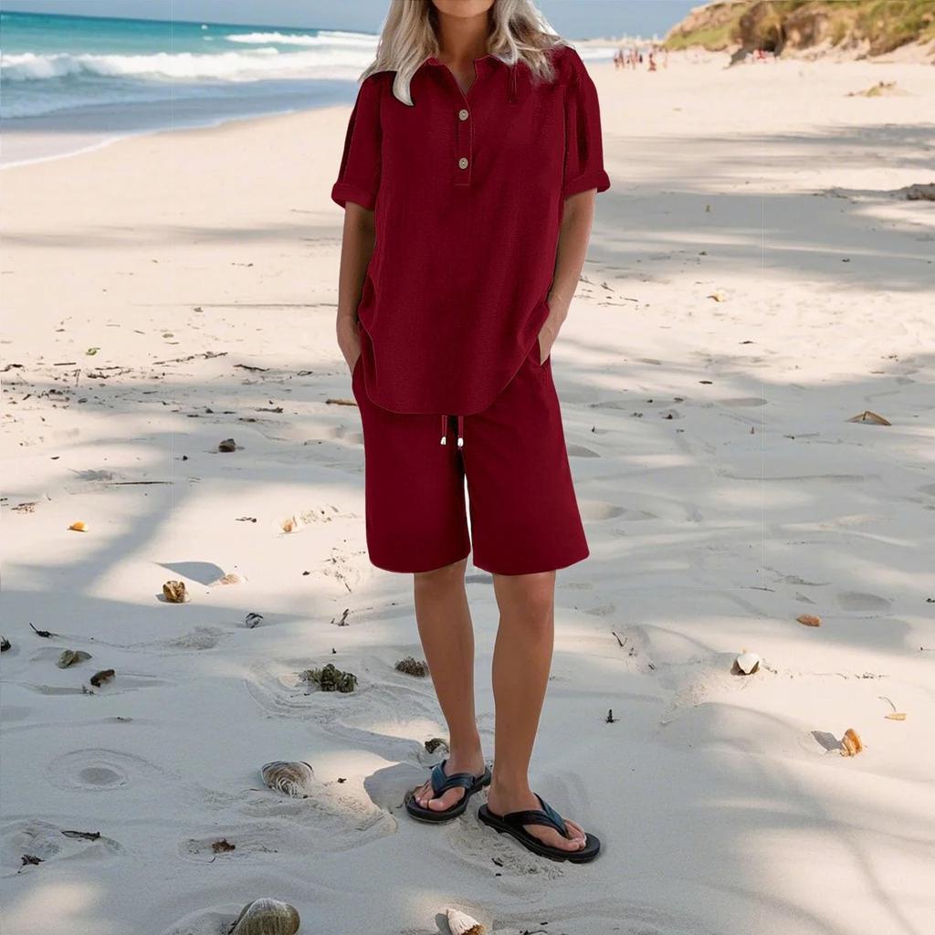 Women's Casual Pants Set Fashion Women's Shirt Soild Two Piece Set