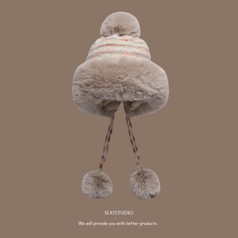 Women's Wool Hat In Autumn and Winter Cute Wool Ball Ear Protection New Plush Warm Lei Feng Hat Ball Lace Knitted Hat