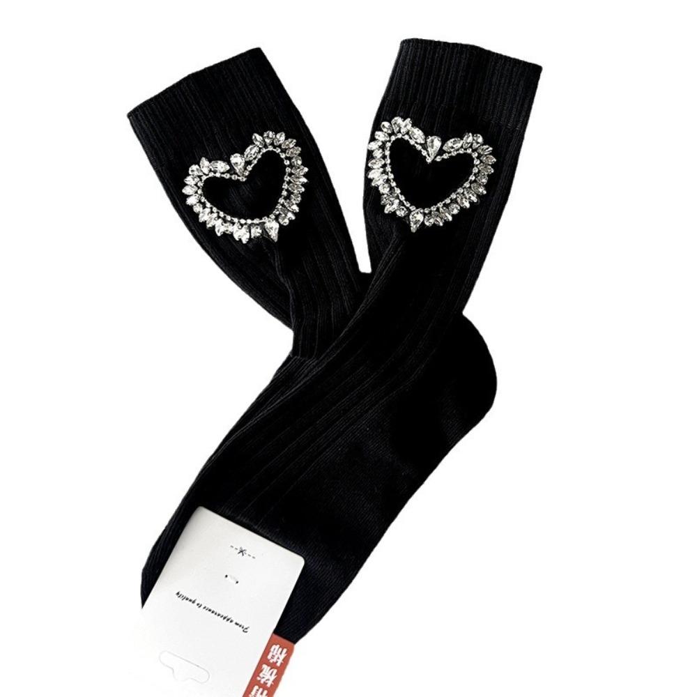 

Crystal Y2K Tube Socks JK Mid-calf Socks Women Soft Rhinestone Heart Socks Female чёрный