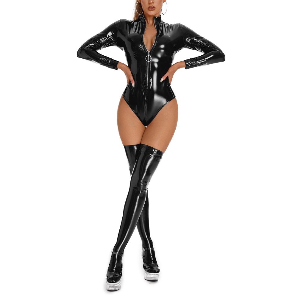 Shiny Bodysuit Stage Wet Look Zip Leotard Tops Clubwear