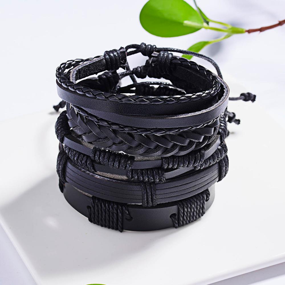 Handmade Vintage Multilayer Men Leaf Leather Bracelet Braided Star Knot Leaf Rope Wood Beads Wrap Bracelets & Bangles Male Gift