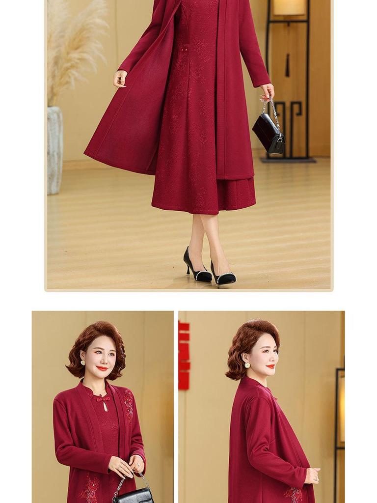 Winter Mother-in-law Wedding Outfit 2025: Velvet-Enhanced Dress Suit for Middle-Aged & Elderly Mothers.