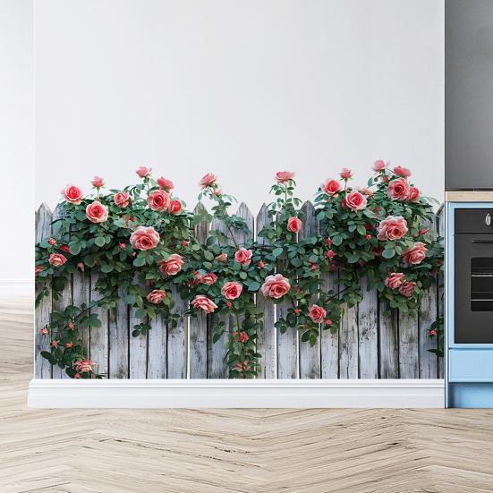 Fence Rose Bush Wall Sticker Removable Waterproof PVC Red Flower Pattern Sticker Home Office Living Room Bedroom Wall Decoration Decal