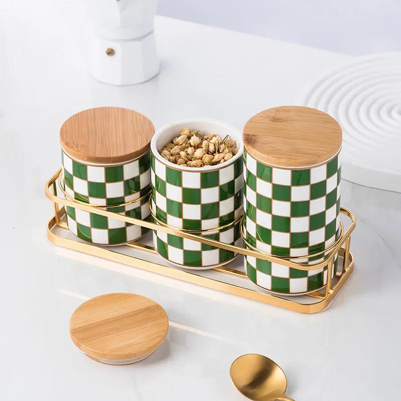 Kitchen Organizer and Storage Container, Ceramic Storage Jar, Wooden Lid, Sealed Jar, Food Storage Containers, Metal Rack