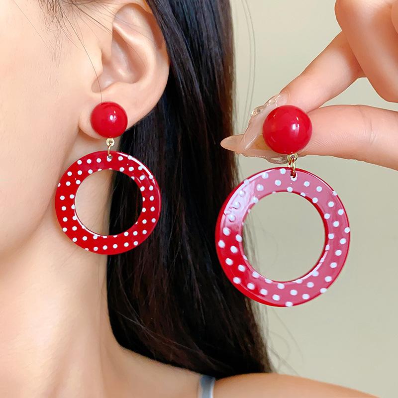 Red Round White Polka Dot Ring Dangle Earrings Hong Kong Style Exaggerated Vintage Young Advanced Ear Jewelry for Women K