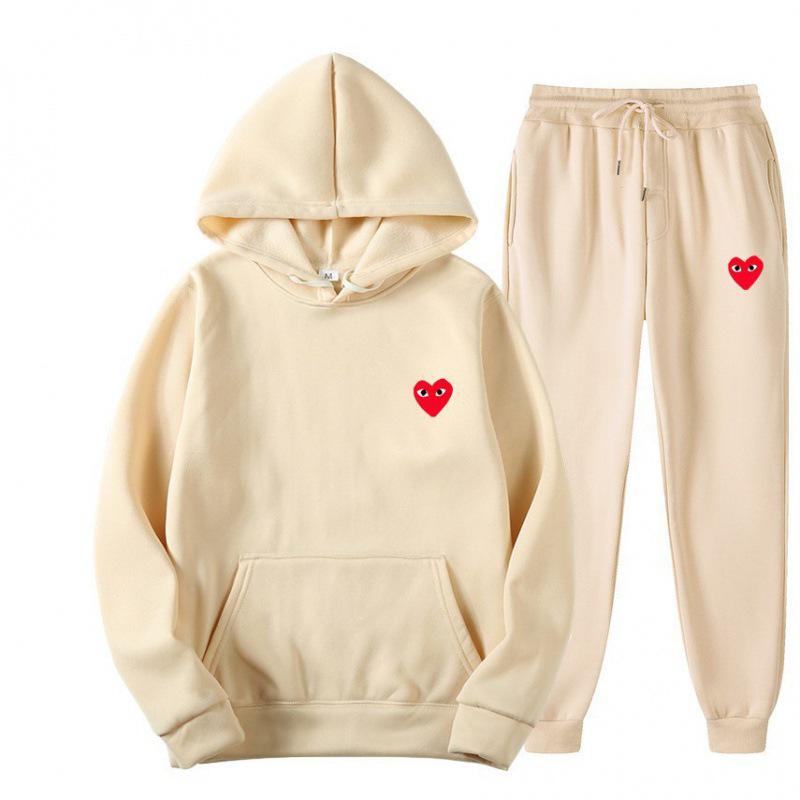 2024 Autumn/Winter Heart Print Trendy Unisex Two-Piece Sportswear Set: Casual Hooded Sweatshirt + Velvet Running Pants