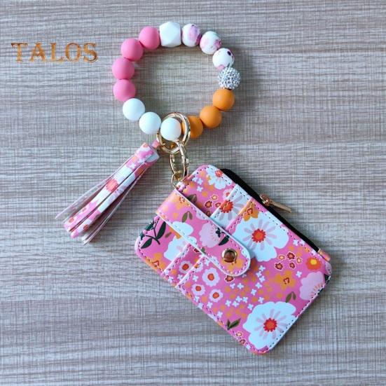 Ladies Floral Wristlet Wallet Boho Style Coin Purse Keychain with Tassel Elastic Beaded Wristlet Wallet with ID Card Window for Shopping Travel Daily