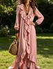 European and American casual bohemian urban V-neck long-sleeved ruffle edge retro long-sleeved dress