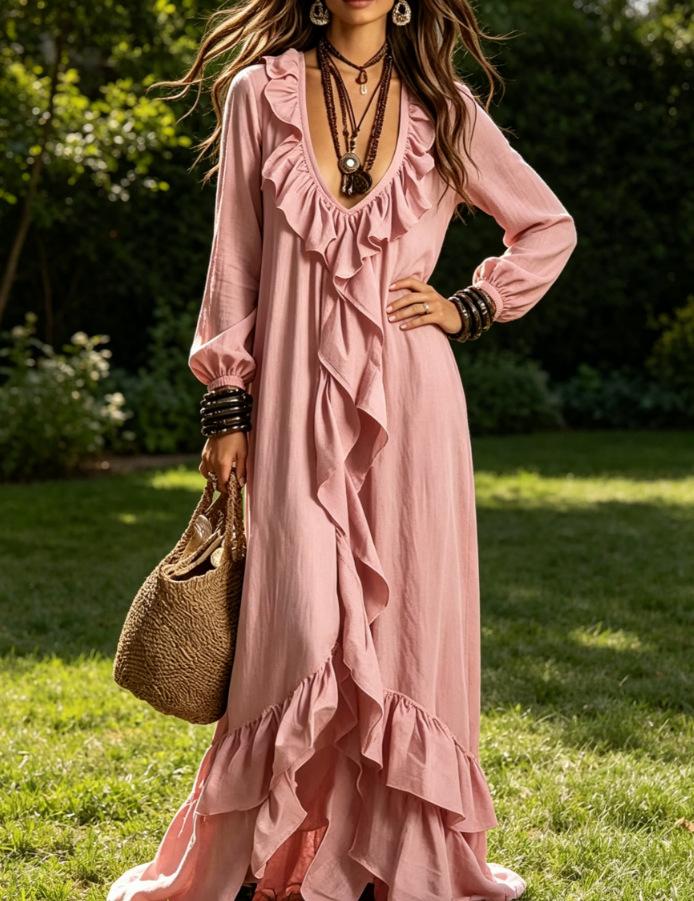 European and American casual bohemian urban V-neck long-sleeved ruffle edge retro long-sleeved dress