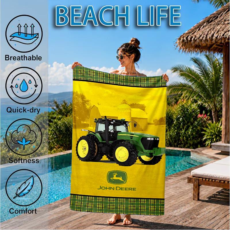 מגבת חוף עם לוגו John Deere, מתייבשת במהירות, קלה לטיפול, מתאימה גם לאימוני כושר וגם לחופשות חוף, ציוד חיוני לספורט
