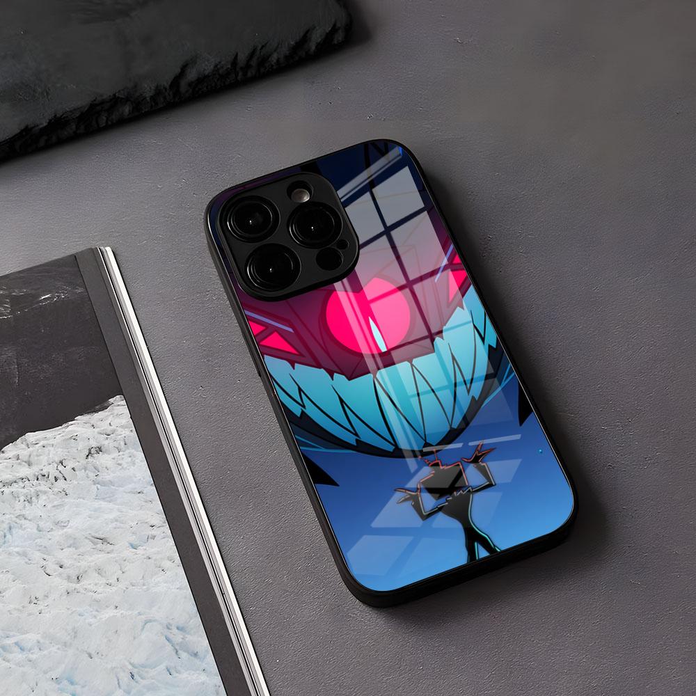 H-Hazbins-Hotels Handyhülle für iPhone 17 Air, 16 E Pro Max, 15, 14, 13 Mini, 12 Pro, 11 Max Plus – Schwarze Glasabdeckung