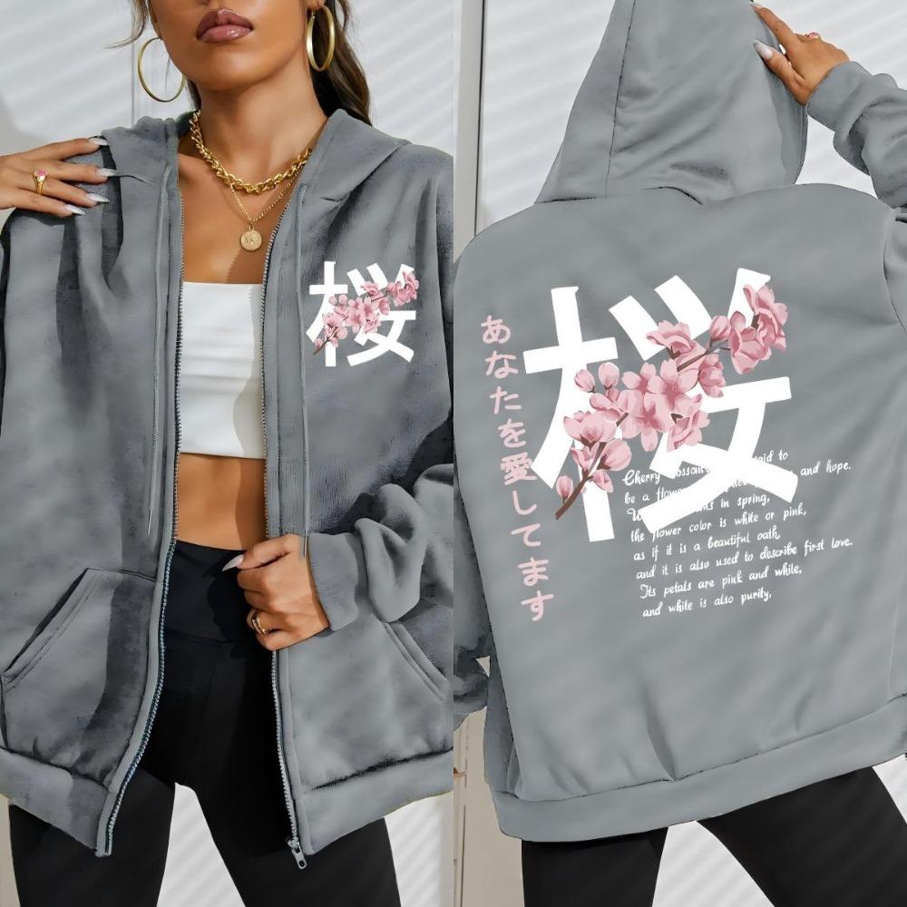 Japan Harajuku Cherry Blossom Art Letter Design Zipper Hoody Women Street Casual Tops Autumn Loose Hoodie Clothings