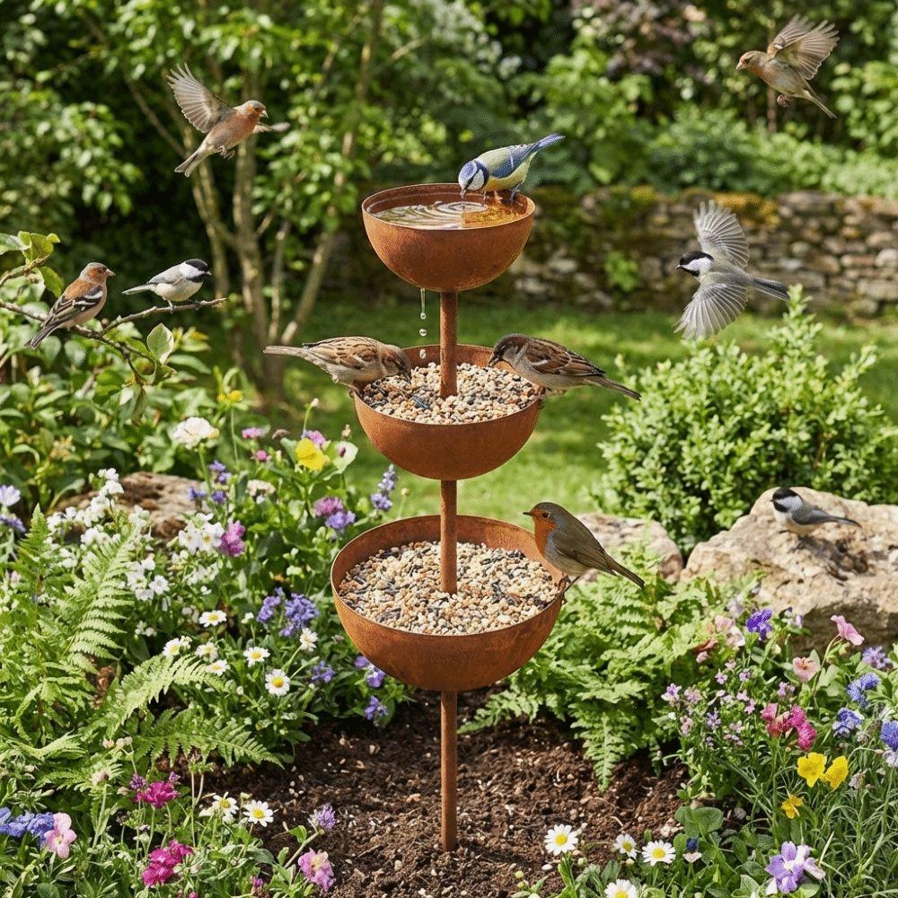 Vintage Iron Bird Water Dispenser Rusted Garden Rain Catcher Bird Feeding Station Outdoor Garden