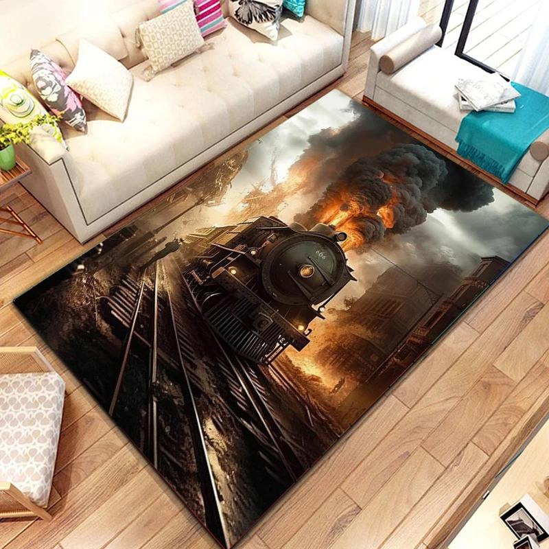 Zug Bereichsteppich für Mädchen Jungen Retro Dampfmaschine Teppich Eisenbahngleis Transport Fußmatte 3D Vintage Fahrzeuge Wohnzimmer Fußmatte