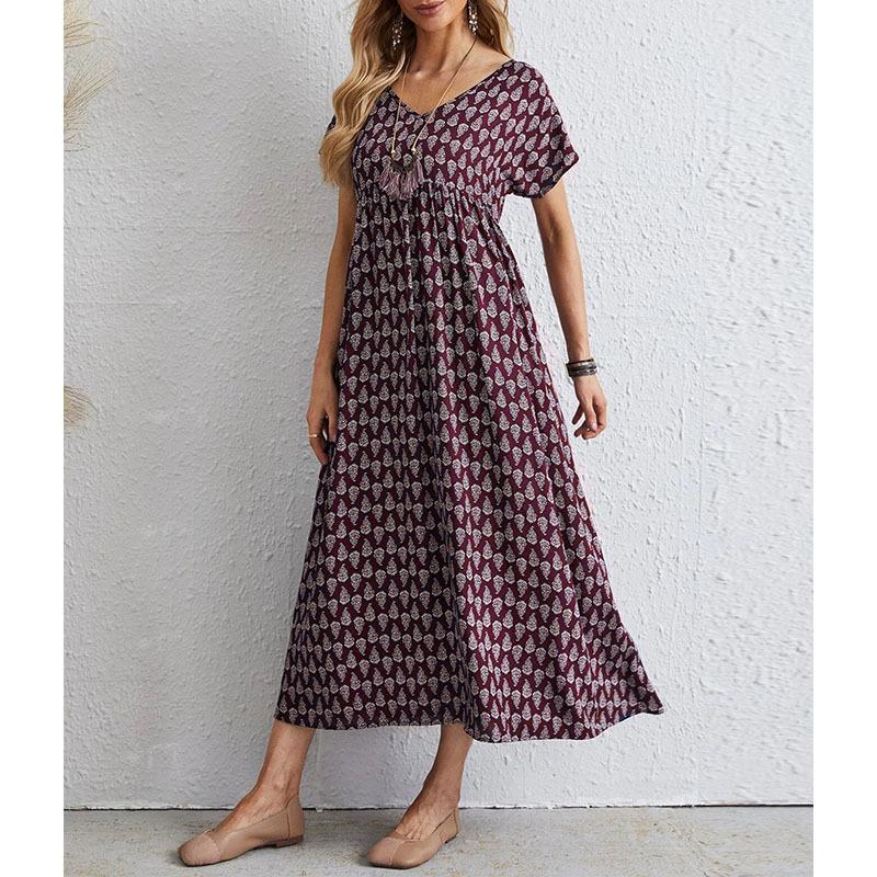 Letnia sukienka vintage z krótkim rękawem i dużym rozmiarem, damska, dekolt w serek, elegancka, swobodna, długa sukienka, damska, linia A, nadruk, luźne, oversize'owe sukienki damskie 24517