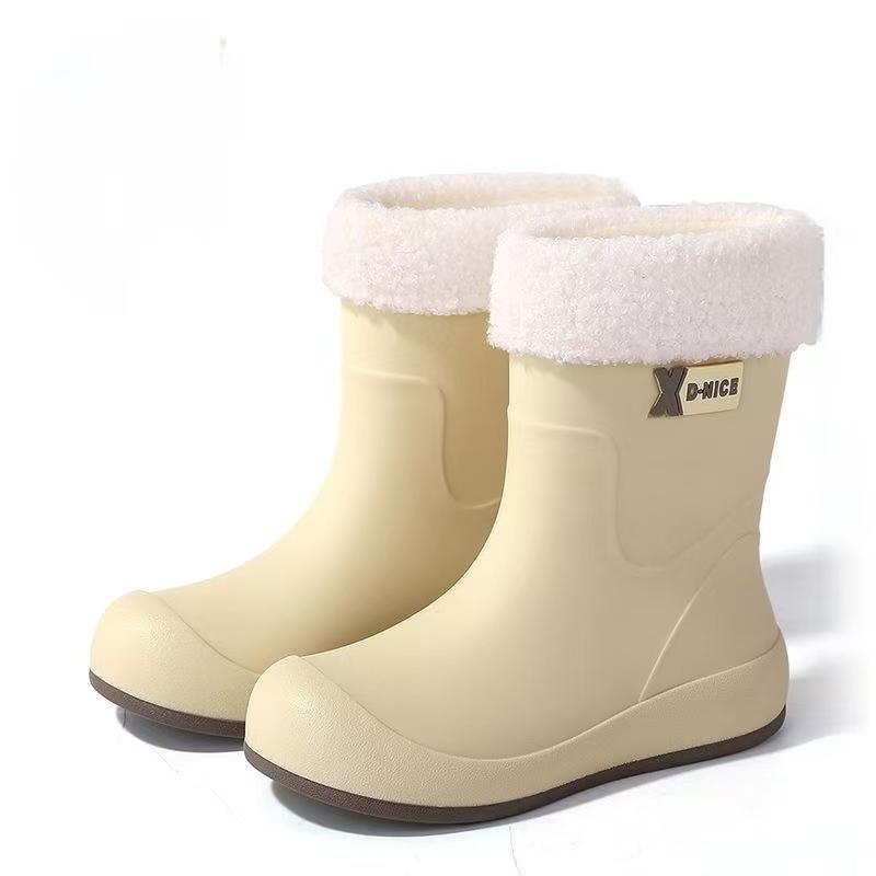 Woman Flat Sole High Top Rain Boots Thick Sole Non slip Round Toe Waterproof Detachable Cotton Cover Keep Warm Work Shoes