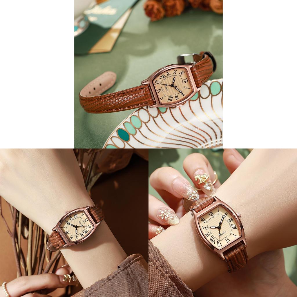 Vintage Barrel Shape Ladies Quartz Watch With Leather Strap For Fashion Women