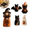 Halloween Wooden Tabletop Ornaments Witch Statue Retro Felt Style Black Cat Ghost Handcrafted Craft Gifts Bat Figures for Shelf Desk Spooky Festive