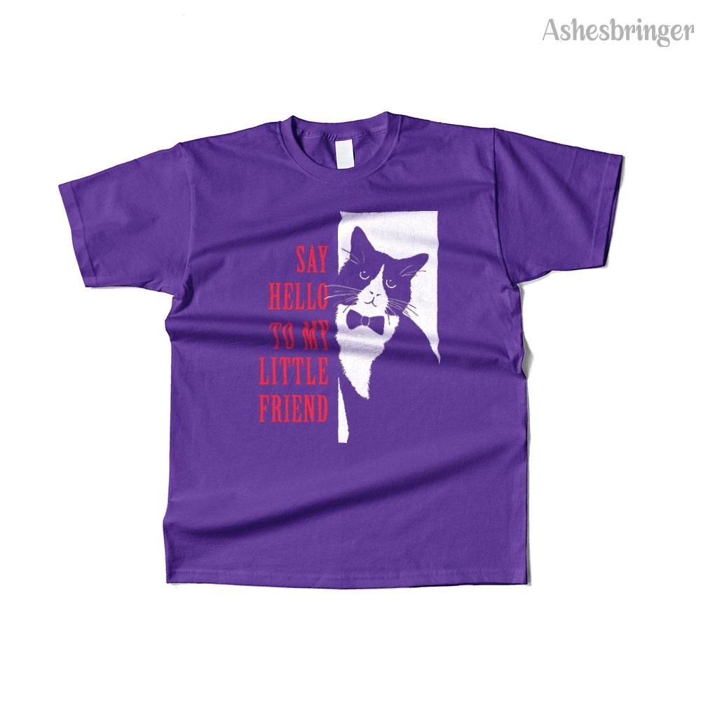 Unisexs Cotton Hello Little Friend Graphic Funny Cat T Shirt Street Casual Style Tee for Unisex and Women