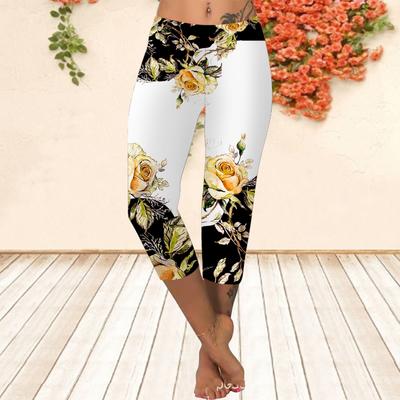 Long Pants, Summer Short Leggings, Short Tight Pants, Plus Size Leggins Women's Slim Fit 3D Gold Rose Printed Long Pants