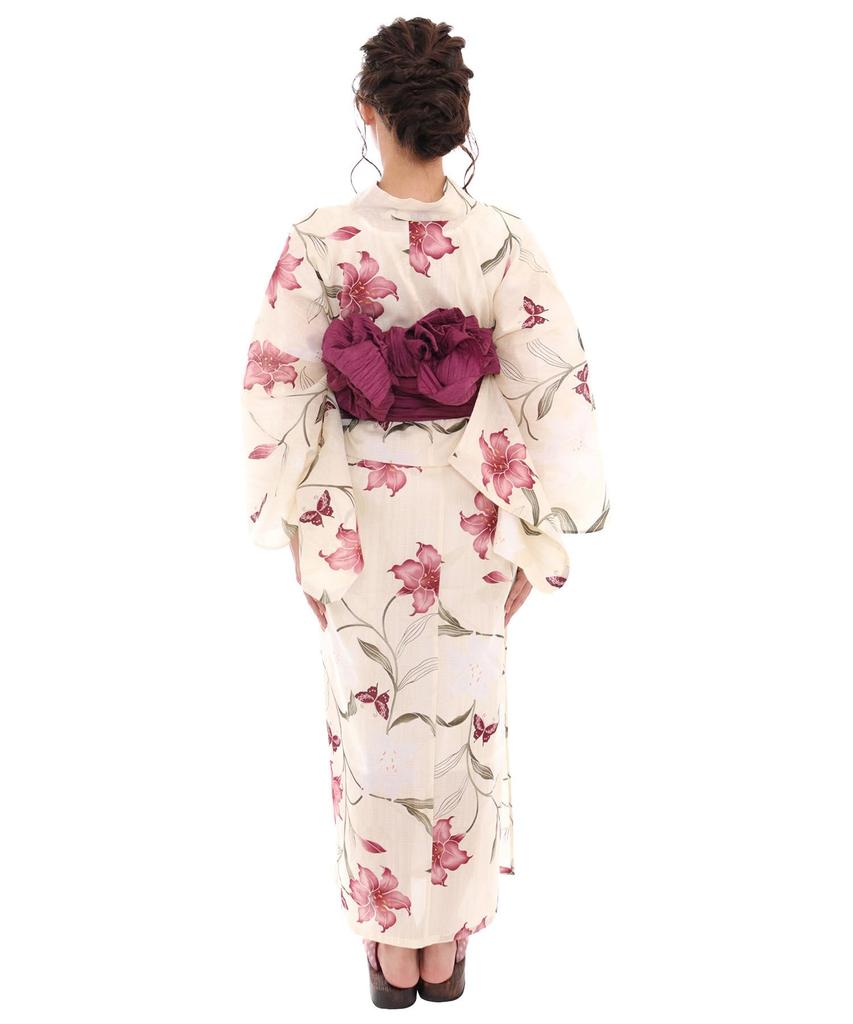 Yukata change set heiko AB size fits Scarlet Lily Butterfly [KYOETSU] set, weave, unbleached, two-part type, 4-piece (yukata, obi, underwear, geta),