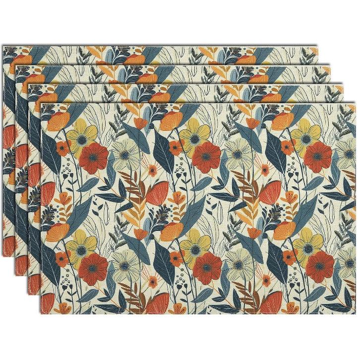 comfoyar Boho Vintage Red Placemats Set of 4, 12x18Inch Non-Slip Linen Bohemia Flower Place Mats, Washable Absorbent Rustic Country Style Table Mats