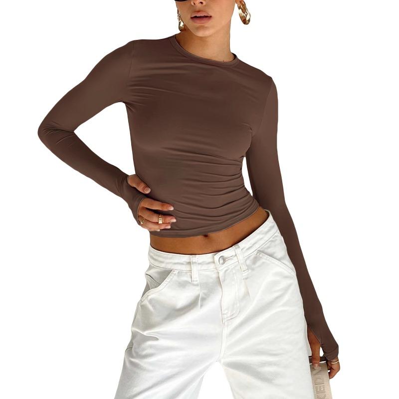 Women's Spring New Shirt Solid Color Crew Neck Bottom Shirt Slim Wear Hand Long Sleeve Top Women