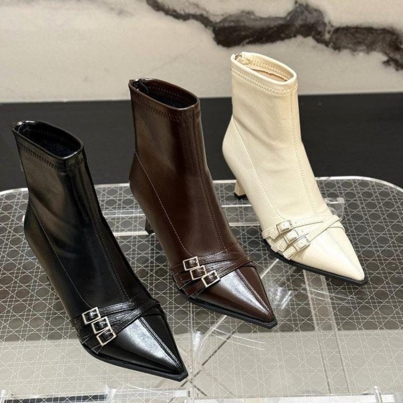Fashion Single Boot Autumn New Pointed Toe Spliced Metal Belt Buckle Rear Zipper Anti-Slip Wear-Resistant Stiletto Heel Shortho