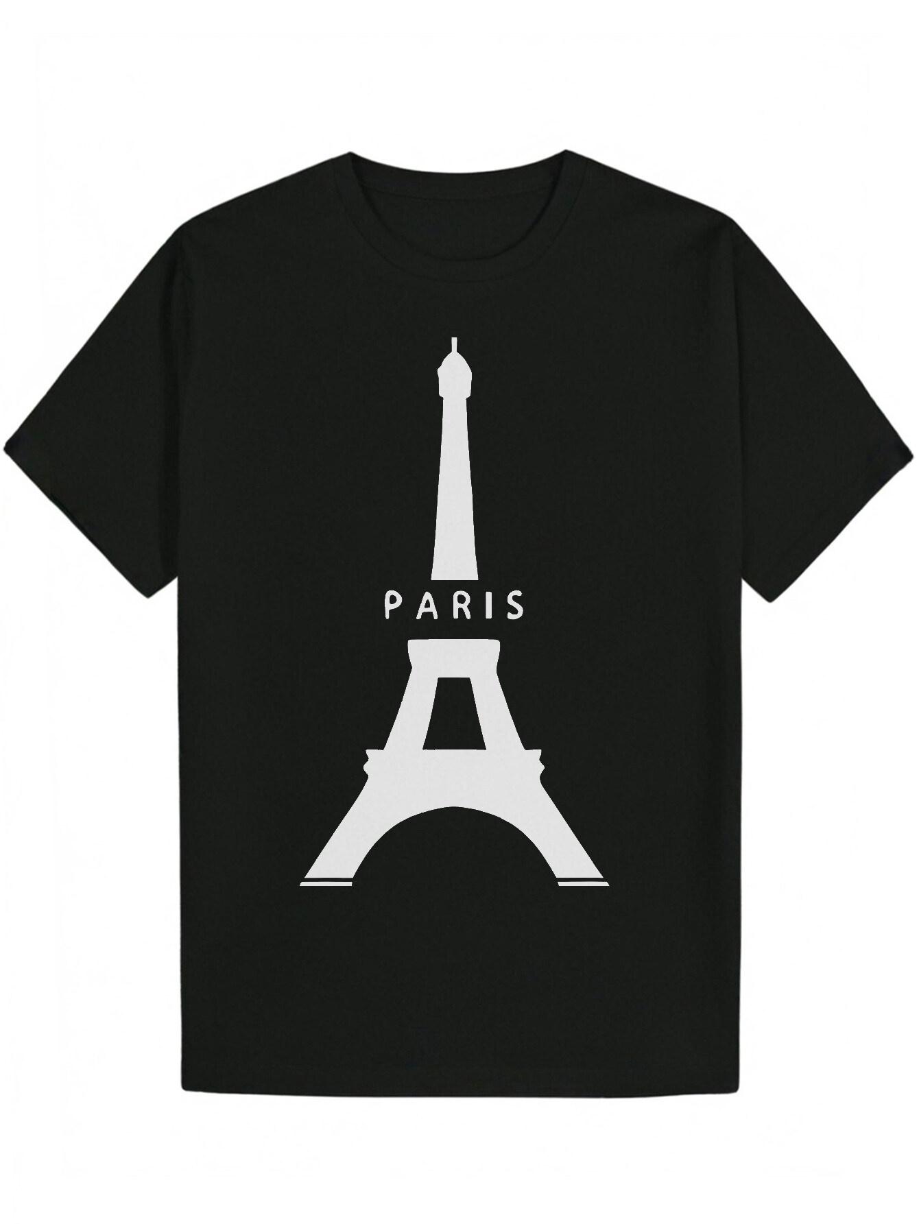 Paris Graphic T-shirt - Black Polyester Round Neck Tee with Eiffel Tower Design XL